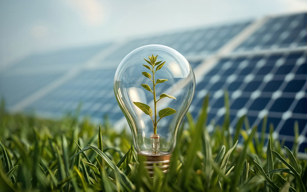 Ampoule écologique allumée et panneaux photovoltaïques sous le soleil – rénovation énergétique et respect de l’environnement